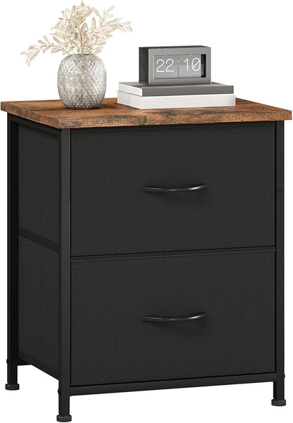 Somdot Nightstand, Small Dresser for Bedroom with 2 Drawers, Bedside Table Night Stand End Table with Fabric Bins for Bedroom Kids Closet Dorm Guest Room, Black Rustic Brown