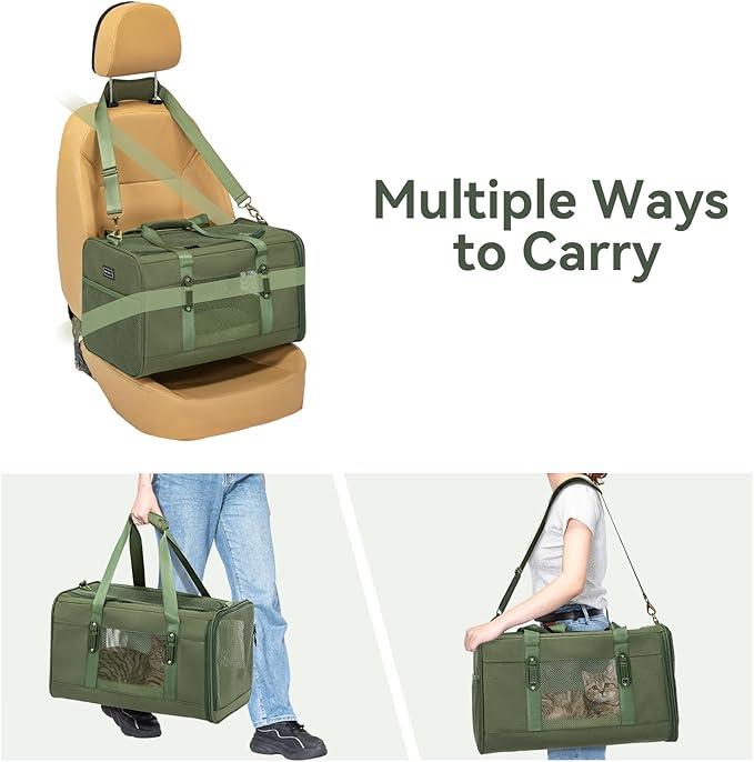 Petsfit 19x12x12 Pet Carrier for Large Cats (up to 20 lbs), Soft-Sided Small Dog Travel Carrier, Upgraded with Patented Buckle and Soft Padding, Ideal for Car Road Trips Green-Mewly Pet