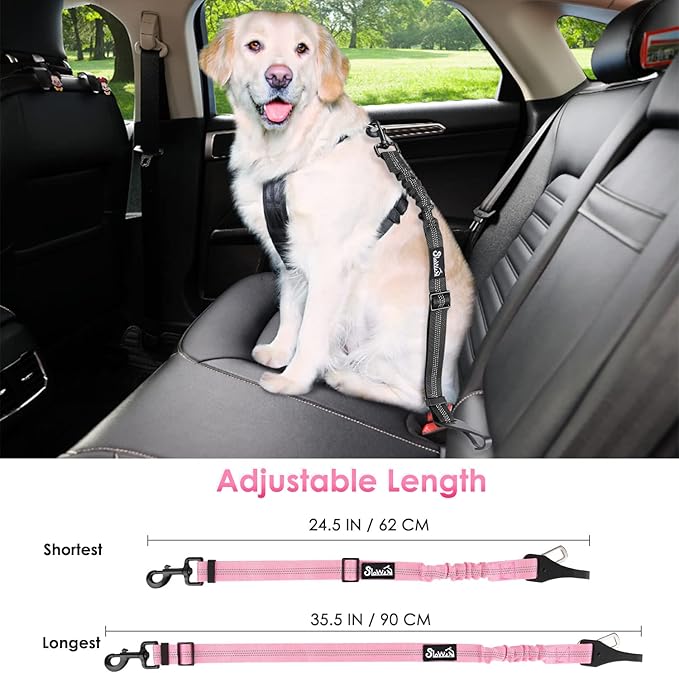 SlowTon Dog Seat Belt, Adjustable Dog Safety Belt Leash, 2 in 1 Latch Bar Attachment Dog Car Seatbelt with Elastic Nylon Bungee Buffer, Reflective Nylon Belt Tether(Pink,35.5in)-Mewly Pet