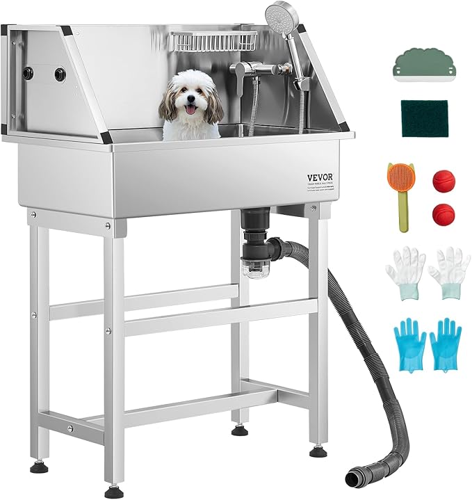 VEVOR Stainless Steel Dog Washing Station, 34 inch Pet Grooming Tub w/Faucet & Showerhead & Soap Holder & Play Balls Simple Dog Bathtub for Multiple Pets, Home Washing Sink-Mewly Pet