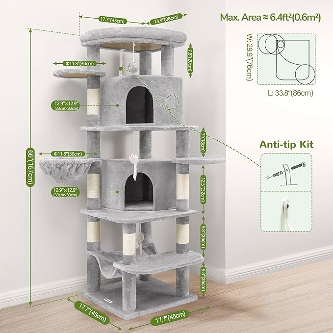 Globlazer Corner Cat Tree for Large Cats, 66inch Tall Curved Series Large Cat Tower for Multiple Indoor Cats with 6 Scratching Posts, 2 Spacious Cat Condos, Hammock, Hanging Basket, C66, Light Grey-Mewly Pet