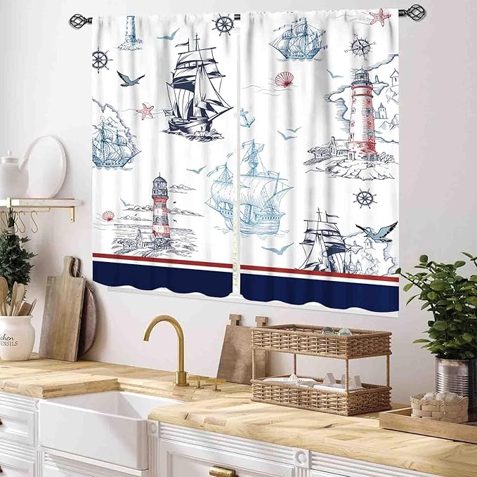Nautical Curtains, Vintage Marine Coastal Sailboat Compass Anchor Ocean Beach Lighthouse Watercolor Blue Decorative Drapes for Bedroom Living Room Kitchen Bathroom Window 2 Panels, 55x39 Inch