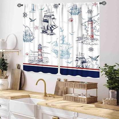Nautical Curtains, Vintage Marine Coastal Sailboat Compass Anchor Ocean Beach Lighthouse Watercolor Blue Decorative Drapes for Bedroom Living Room Kitchen Bathroom Window 2 Panels, 55x39 Inch