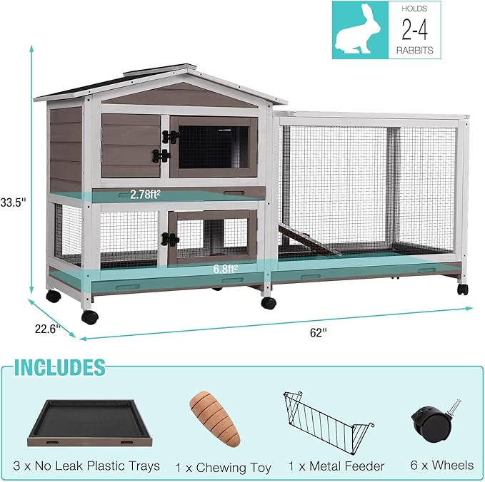 62" Rabbit Hutch with Chew-Proof Ramp & Waterproof Roof - Indoor/Outdoor Bunny Cage, 2-Story Design, 6 Lockable Caster Wheels & Dual Pull-Out Trays (Brown)-Mewly Pet