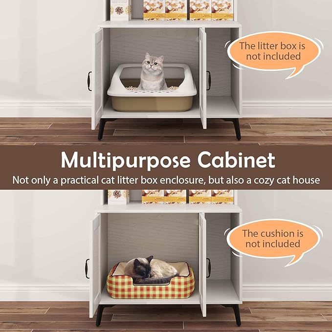 PETSITE Cat Litter Box Enclosure with Storage Shelf, 52 Inches Tall Modern Wooden Hidden Litter Box Furniture with Storage Shelving, Ideal for Indoor Cats (White)-Mewly Pet