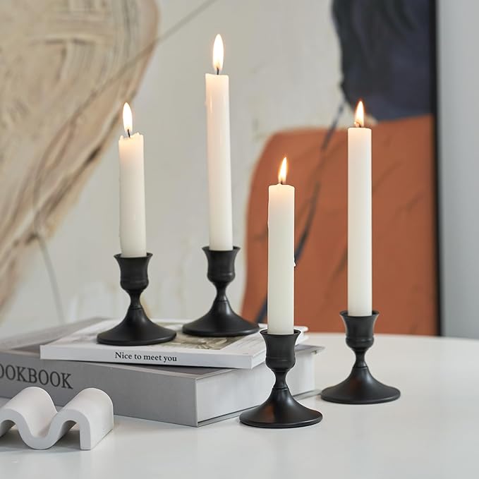 Black Taper Candle Holder, Candlestick Holders, Vintage Metal for Table Centerpieces Wedding Decor (Matte Black, 4 Pcs)