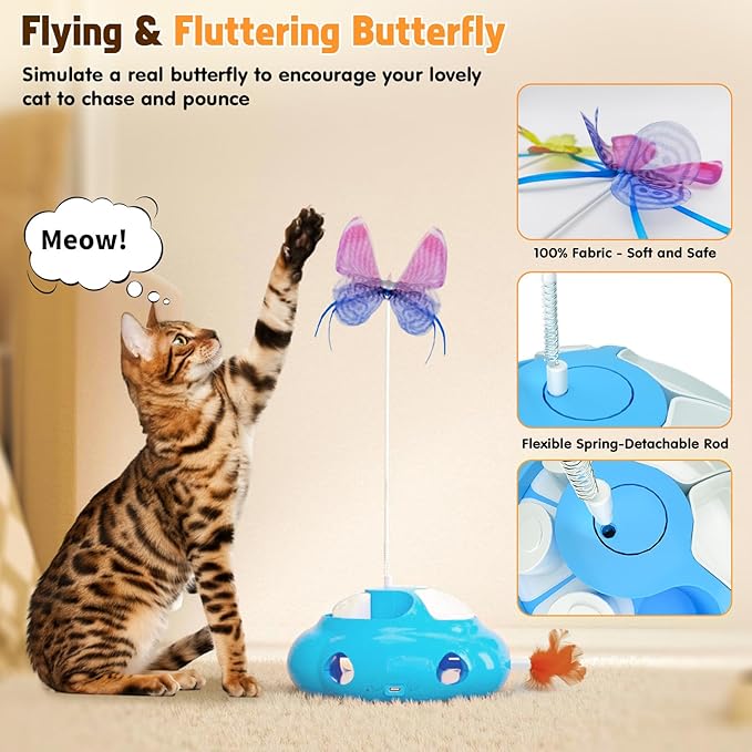 Interactive Cat Toys for Indoor Cats, 4in1 Pet Teaser Toy with Ambush Feather Wand, Motorized Fluttering Butterfly and Slow Feeder, Rechargeable Power Treat Puzzle Toy(Blue)-Mewly Pet
