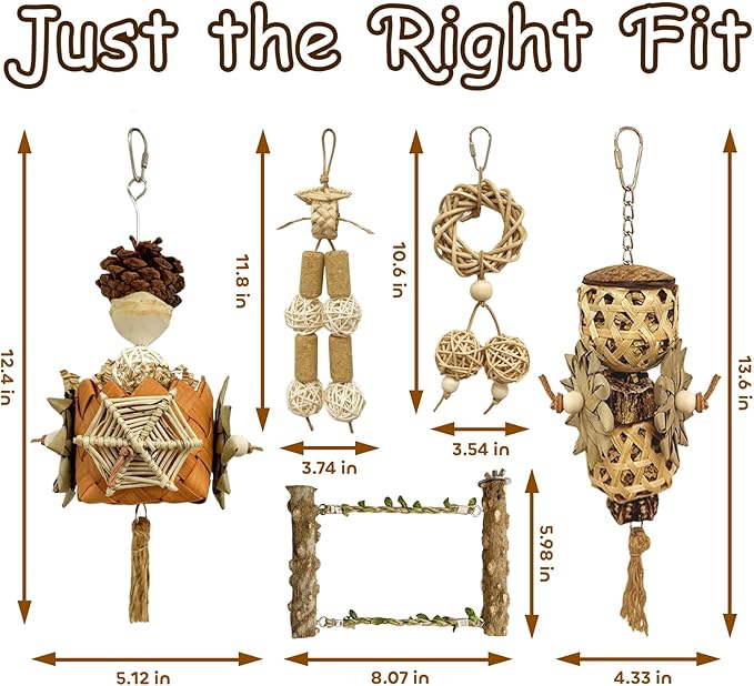 5-Pack Natural Hanging Basket Bird Toys – Foraging & Chewing Toys for Parakeets, Cockatiels, Conures & Small Birds – No Plastic, All-Natural Materials-Mewly Pet