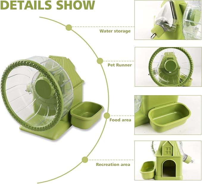 4 in 1 Silent Large Hamster Wheel Multifunctional Hamster Running Wheel Quite Running Spinner Wheel Accessories with Food Bowl Water Bottle for Hamsters Dwarf Gerbil (Green)-Mewly Pet