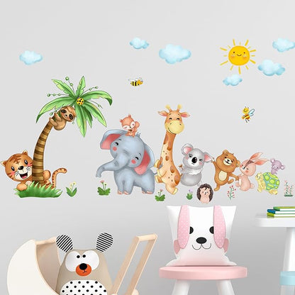 Jungle Animal Wall Stickers Forest Safari Wall Decals Kid Room Nursery Baby Bedroom Décor (Happy Queuing Animals)