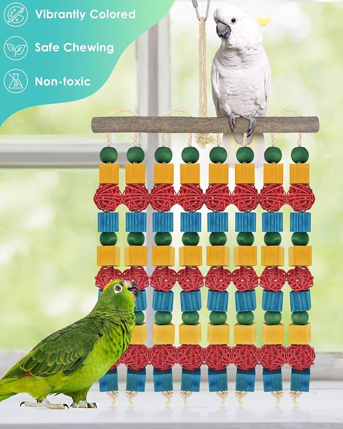 Large Parrot Toys, 17.7 inch Multicolored Natural Wooden Blocks Beads Rattan Balls, Bird Chew and Hanging Tearing Toys for Large Medium Birds Macaws African Grey Cockatoos Amazon Parrots-Mewly Pet
