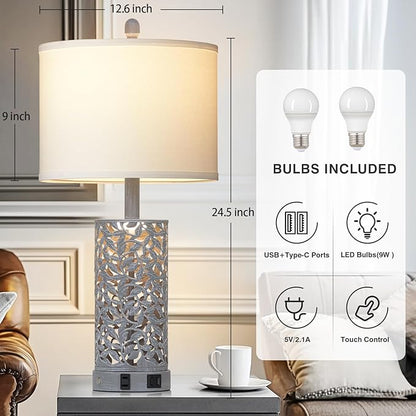 Vintage Lamp for Living Room Set of 2,Antique Retro Bedside Nightstand Lamps with 2 USB Ports & AC Outlet,Touch Control Industrial Desk Lamp for Bedroom Entryway,Gray