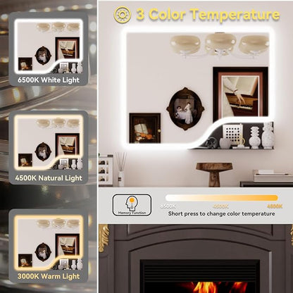 40"x 32" LED Bathroom Mirror with Shelf, Wall-Mounted Backlit Vanity Mirror with Lights, Smart Bathroom Mirror with 3 Colors, Anti-Fog, Stepless Dimmable, Memory (UL, ETL)