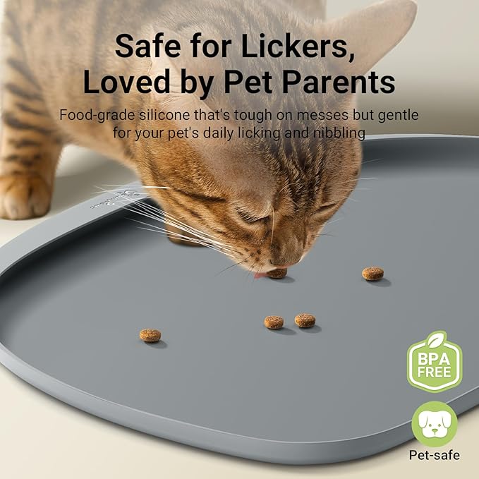 DownyPaws Dog Food Mats for Floors Waterproof, BPA Free Silcone Dog Bowl Mat, Non-Slip Pet Feeding Mat with High Raised Edge, Cat Placemat for Messy Drinkers, 24"×17", Light Gray-Mewly Pet