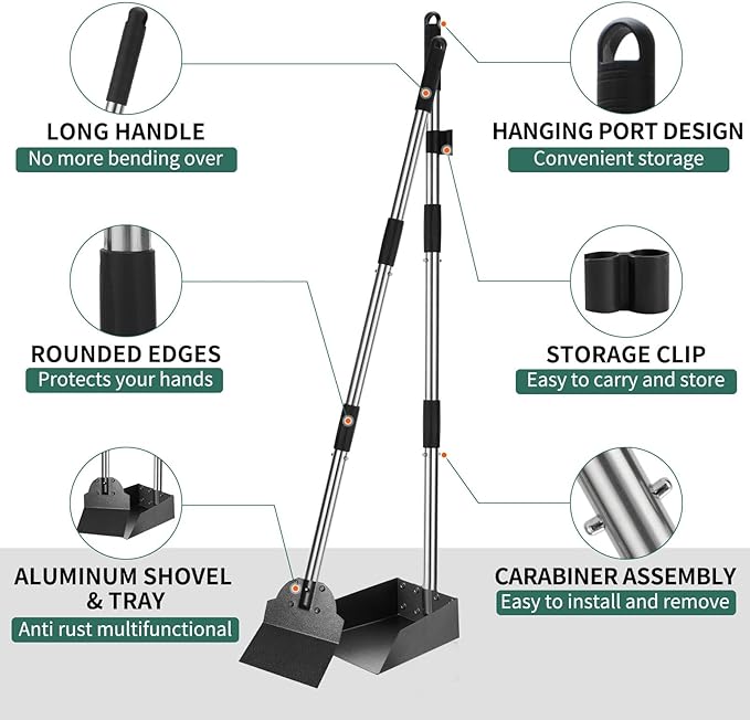SCENEREAL Dog Pooper Scooper for Yard - Tray & Spade Set, Long Handle Metal Detachable Poop Scooper for Large Medium Small Dogs, Pet Waste Removal Scoop with No Bending for Outdoor Grass, Dirt Gravel-Mewly Pet