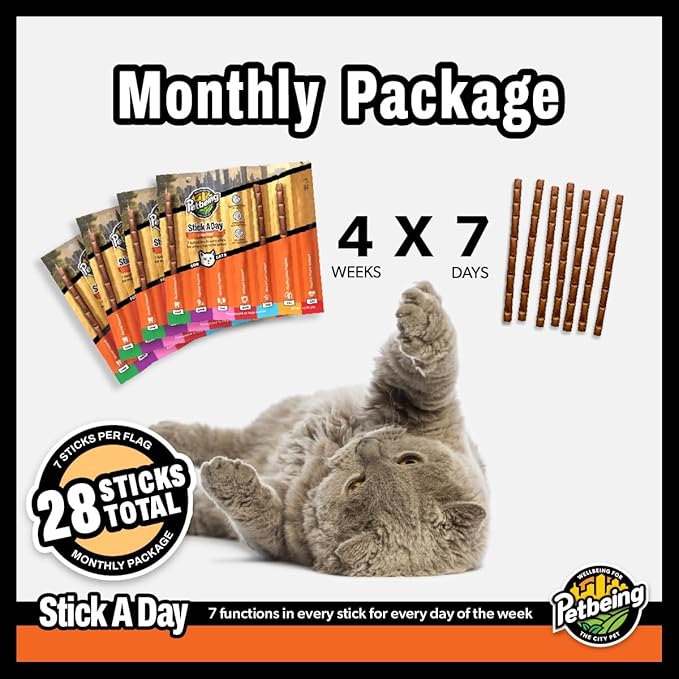 Stick a Day | Specially Formulated 7-in-1 Functions Daily Real Meat Supplement for Cats | Cat Chew Stick & Pet Vitamins Supplements Combination (7-Pack x 4, Chicken)-Mewly Pet