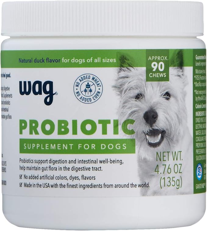 Amazon Brand - Wag Probiotic Supplement Daily Chews for Dogs, Supports Digestion and Gut Health, Natural Duck Flavor, 90 count-Mewly Pet