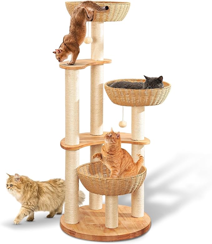 54" Modern Cat Tree Tower for Indoor Cats, Oak Cat Scratching Tree for Multiple Large Cats, Manual Hand Woven Luxury Cat Condo, Unique High-end Design Cat Furniture Activity Centre, Easy Clean-Mewly Pet