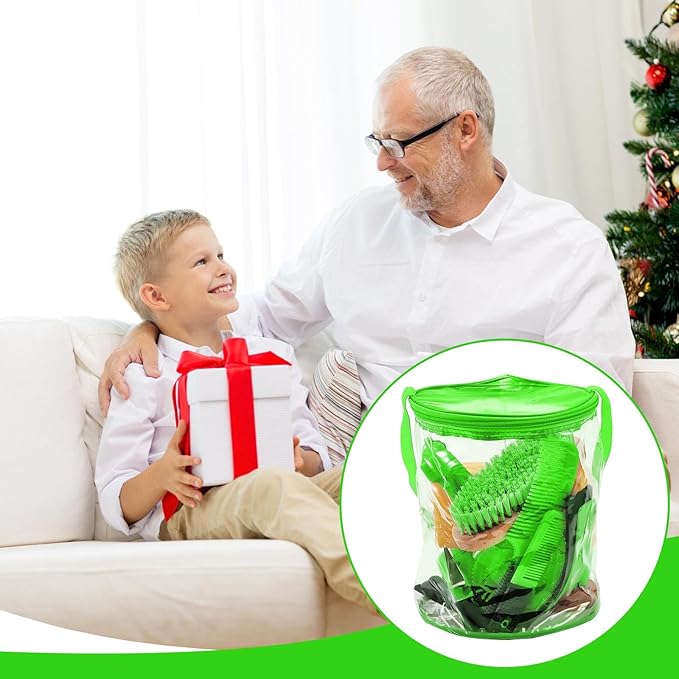 9 Pieces Horse Grooming Kit Tack Room Supplies Set with Organizer Tote Bag, Oval Massage Curry, Hard and Soft Brush, Hoof Pick, Sweat Scraper, Bathing Sponge, Combs for Horse Riders Beginners (Green)-Mewly Pet