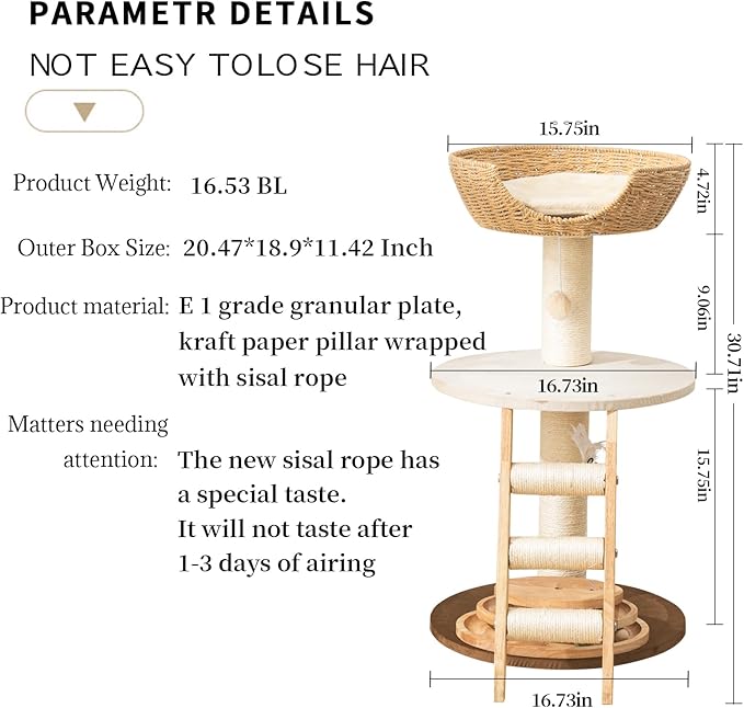 Natural Wood Modern Cat Tree with Top Cats Bed, Unique Cute Cats Furniture Activity Centre with Sisal Rope Scratching Posts, Cats Tower Condo with Interactive Cat Toy Tree-Mewly Pet