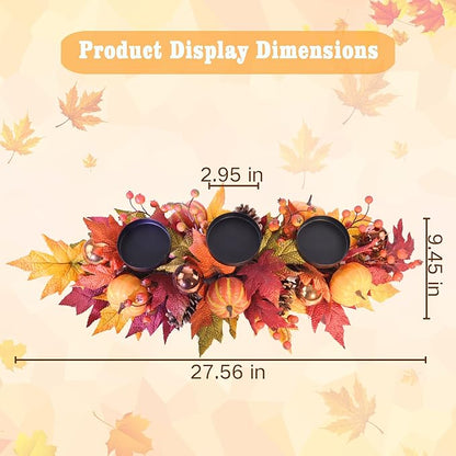 Fall Candle Holder Centerpiece for Table – Thanksgiving Table Decor with Pumpkins, Maple Leaves,Autumn Harvest Decoration with 3 Candle Holders for Dining Table, Fireplace & Home Decor