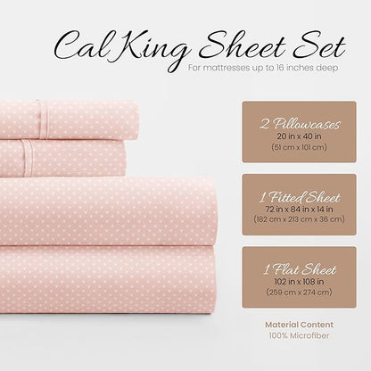 Linen Market Double-Brushed Patterned Microfiber California King Sheet Set 4 Piece – Oeko-TEX Certified Ultra Soft & Wrinkle-Free - 16" Deep Pocket Sheets Easy Care Cal-King Size - My Heart Pink