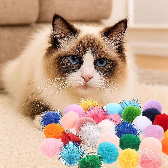 30 Pcs Cat Pom Pom Balls Assorted Color Sparkle Ball for Indoor Cats, Interactive Cats Toys Fuzzy Cat Balls Tinsel Glitter Chase Poms Poms Ball for Exercise and Entertainment-Mewly Pet