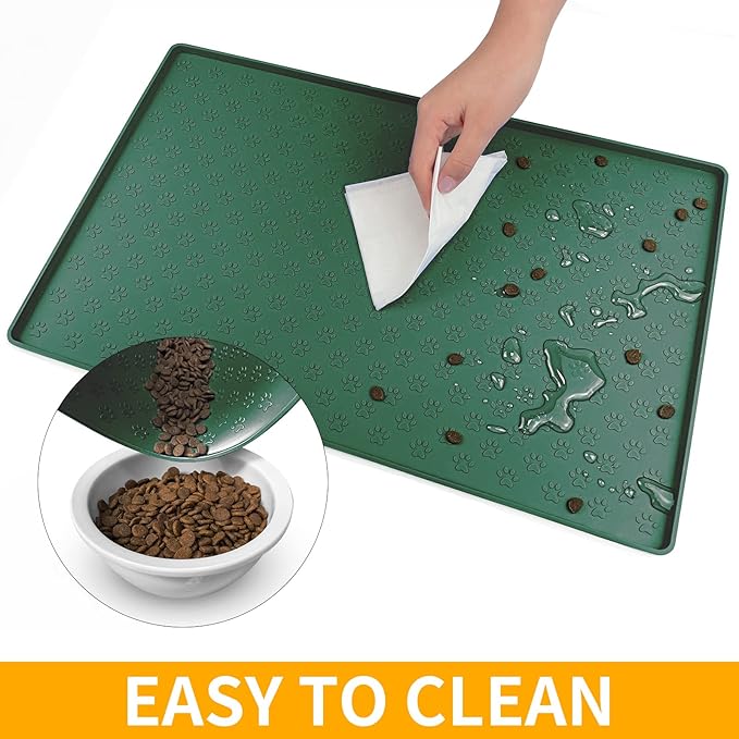 Ptlom Pet Placemat for Dog and Cat, Waterproof Silicone Pet Feeding Bowl Mats for Food and Water, Small Medium Large Dogs Mat Prevent Residues from Spilling to Floor, Hunter Green, 18" 12"-Mewly Pet