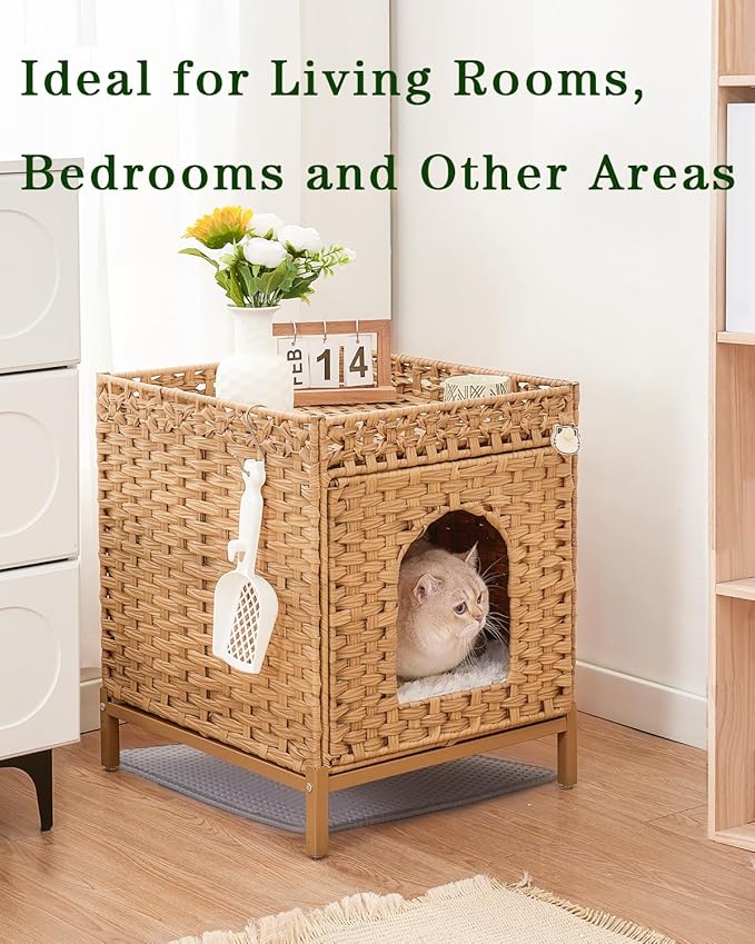 Cat Litter Box Enclosure Hidden Litter Box Furniture with Metal Heightened Feet, Rattan Handwoven Cat House with Litter Mat, Hidden Litter Box Furniture for Bedroom Living Room Natural-Mewly Pet