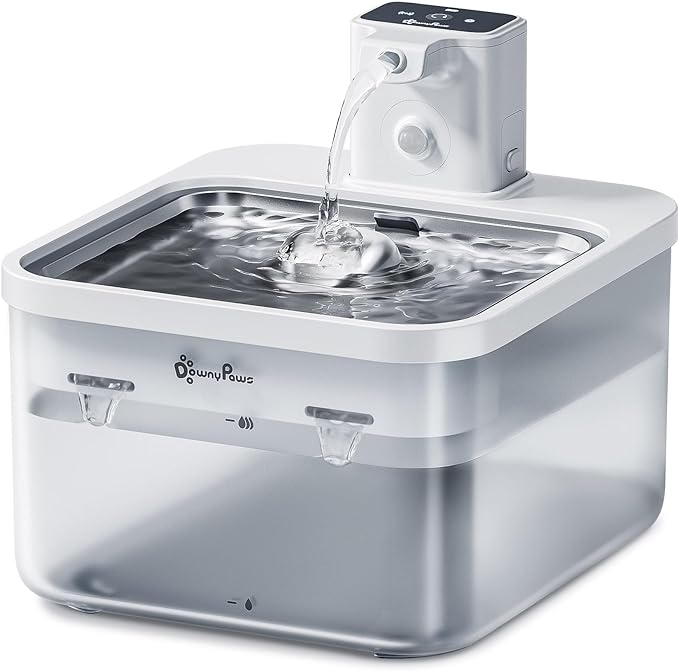 DownyPaws Battery Operated Cat Water Fountain Stainless Steel, 84oz/2.5L Fursink Wireless Pet Water Fountain for Cats Inside, Automatic Dog Water Dispenser with Faucet, Quiet Pump, BPA-Free, White-Mewly Pet