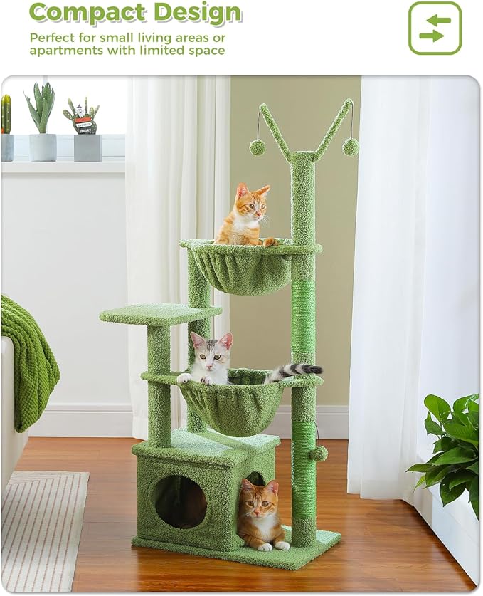 Cactus Cat Tree, 47.6" Cat Tower with 2 Metal Frame Hammock, Cat Scratching Post for Indoor Cats with 2 Removable Pompom Sticks for Kittens, Green-Mewly Pet