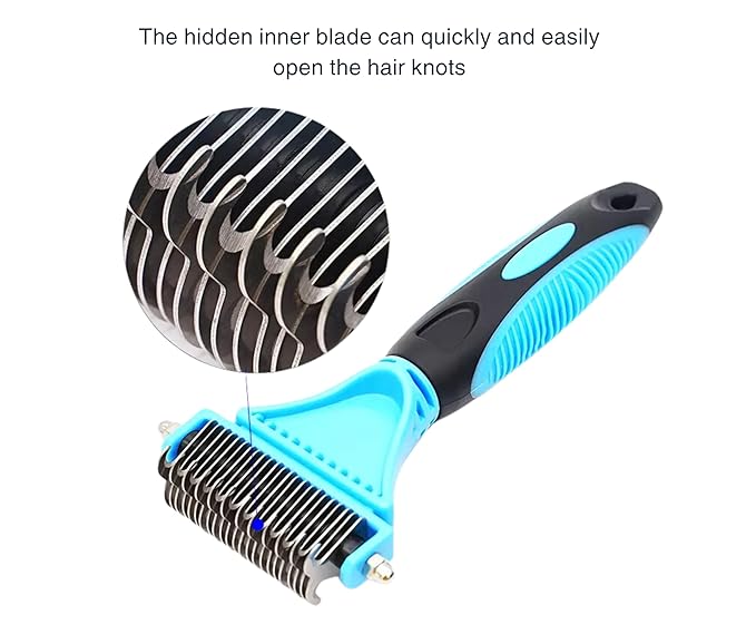 3-in 1 Dog & Cat Grooming Supplies- Self-cleaning Slicker Brush, Deshedding Rake Comb, And Finger Toothbrush For Dogs & Cats | Perfect For Pet Grooming Kit, Dematting And Dental Tool (blue)-Mewly Pet