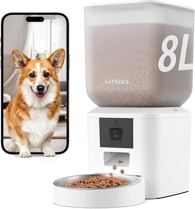 Automatic Dog & Cat Feeder with Camera & WiFi – 8L/34 Cups, 1080P Night Vision, 2.4 & 5G WiFi, 2-Way Talk, 10s Voice Recording, Timed Food Dispenser, Up to 99 Portions, 15 Meals Per Day-Mewly Pet