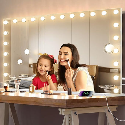 Hollywood Vanity Mirror with Lights, 24 Dimmable Bulbs, 3 Color Lights,Make Up Lighted Mirror, Aluminum Metal Frame, USB Charging Port（48" x 30"）