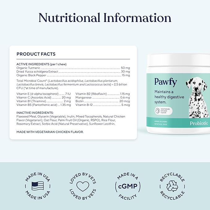 Pawfy Probiotics for Dogs | Supports Digestive Health, Diarrhea for Small and Large Dogs | Improves Gut Health | Anti Yeast Supplements | Promotes Skin Health and Seasonal Allergies Support - 30 Chews-Mewly Pet