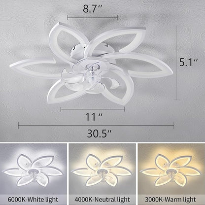 Ceiling Fan with Lights Remote Control, White Flower Ceiling Fan with Light, 3 Light Color Modern Low Profile Flush Mount Ceiling Fan for Kitchen Bedroom Living Room