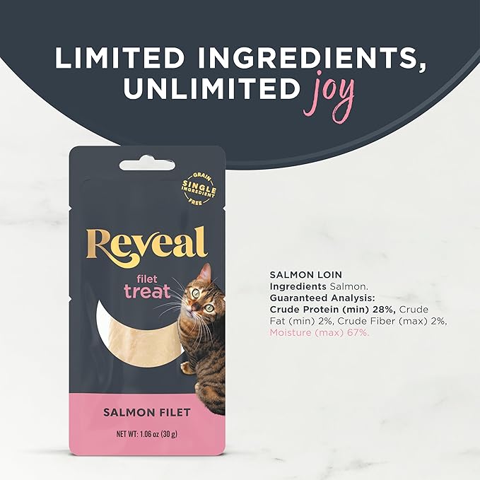 Reveal Natural Cat Treats, 6 Count Single Ingredient Treat for Cats, Grain Free, Whole Salmon Loin, 1.06 oz Bags-Mewly Pet