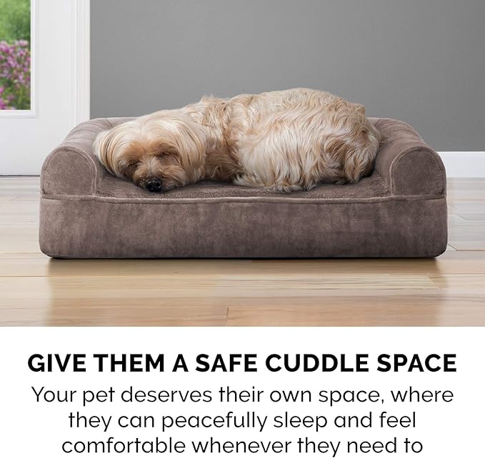 Furhaven Cooling Gel Dog Bed for Large Dogs w/ Removable Bolsters & Washable Cover, For Dogs Up to 95 lbs - Faux Fur & Velvet Sofa - Driftwood Brown, Jumbo/XL-Mewly Pet