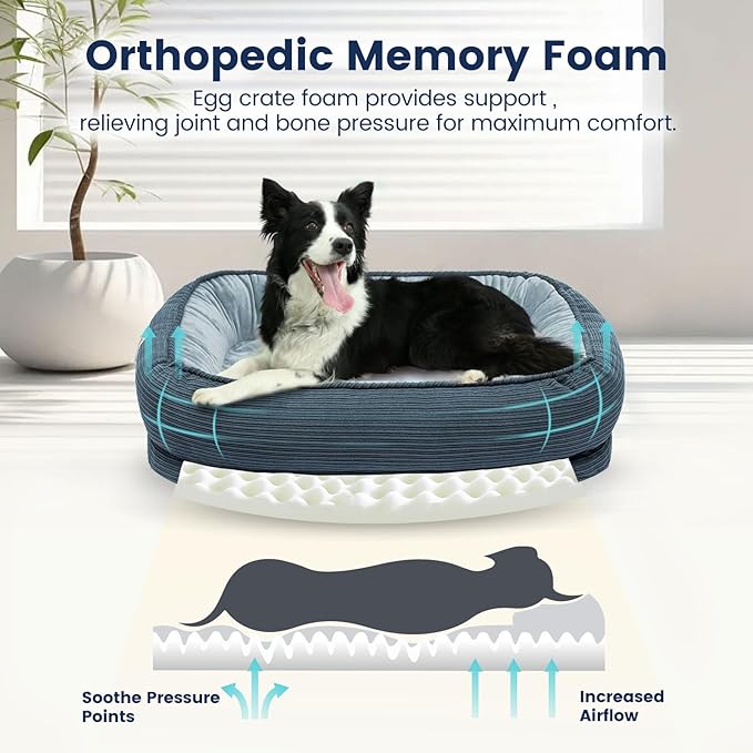 Orthopedic Dog Bed for Medium Size Dog Washable Cover, Egg Crate Foam Bed for Senior Dogs,Oval Kennel Bed, Pet Couch Bed with Four Sided Bolster, Removable Washable Cover Non-Slip Bottom, Haze Blue-Mewly Pet