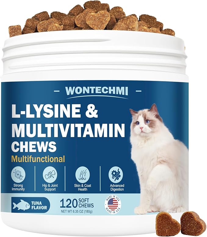 L-Lysine Supplement for Cats, Cat Vitamins for Sneezing, Runny Nose, Cold, Immune Support, Eye Function and Respiratory Health, Natural Lysine Cat Treats (120 Chews, Tuna)-Mewly Pet