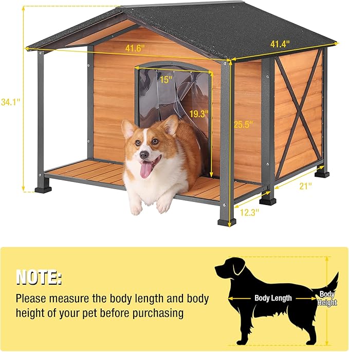 Aivituvin Outdoor Dog House with Chewproof Strong Metal Frame Outside Dog Kennel Weatherproof for Medium to Large Dogs, (41.5" L x 41.4" D x 34.1" H)-Mewly Pet