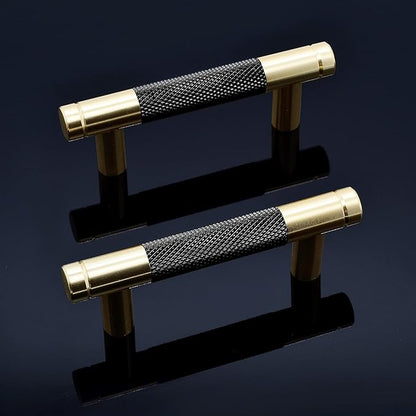 Knurled Cabinet Pulls 2 Pack, 3.5 Inch Long Cabinet Handles Metal Door Pulls, Kitchen Drawer Pull Knurled Dresser Handles - 2 1/2" Hole to Hole, Black & Gold