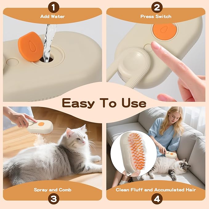 Pet Steam Brush, Rechargeable Cat Steam Brush for Shedding, 2025 New & 4 in 1 Pet Spray Hair Removal Comb with Anti-Static,Massage, Cleaning, Shedding & Combing All In One! (Khaki)-Mewly Pet