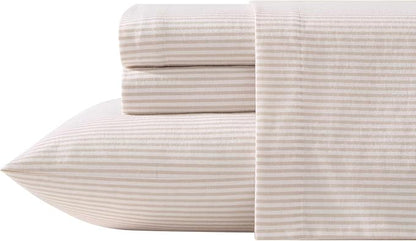 Laura Ashley - Flannel Sheets King Size, Anti-Pilling & Wrinkle Resistant Cotton, Touchably Soft for All-Season Comfort - Bed Sheets with Matching Pillowcases & Fitted Sheet (Oxfordshire Stripe Beige)