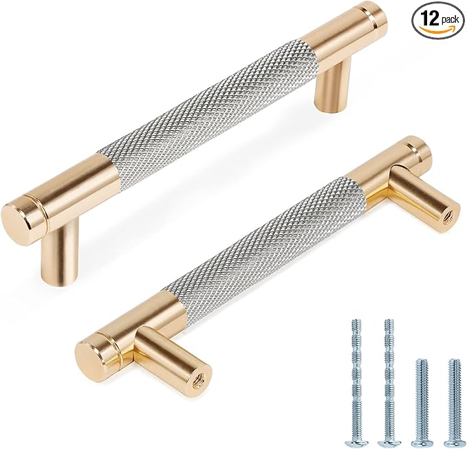 Knurled Cabinet Pulls 12 Pack, 5 Inch Long Cabinet Handles Metal Door Pulls, Kitchen Drawer Pull Knurled Dresser Handles - 3 3/4" Hole to Hole, Grey & Gold