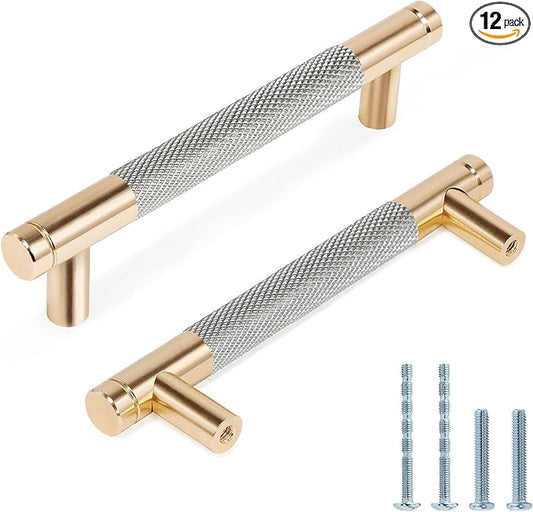 Knurled Cabinet Pulls 12 Pack, 5 Inch Long Cabinet Handles Metal Door Pulls, Kitchen Drawer Pull Knurled Dresser Handles - 3 3/4" Hole to Hole, Grey & Gold