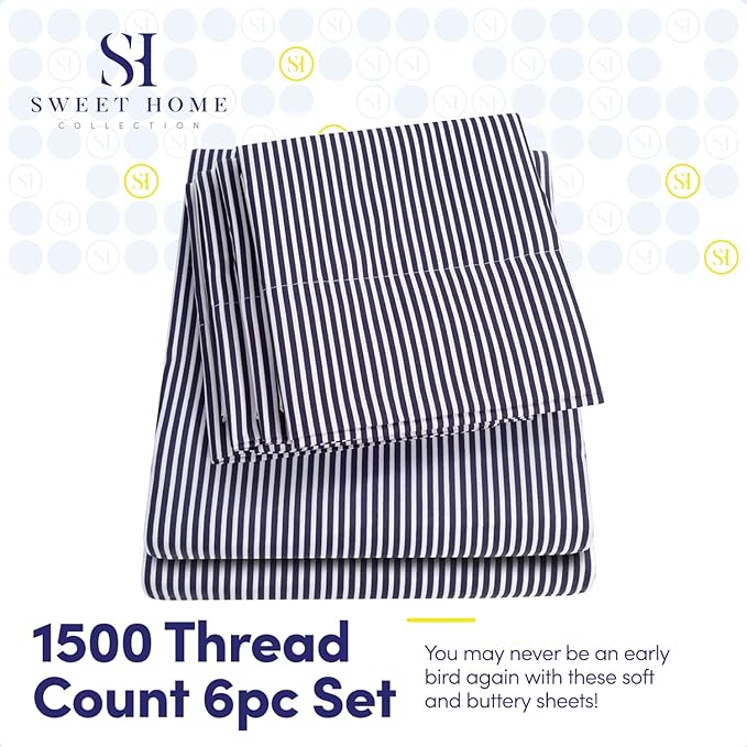 King Size Bed Sheets - 6 Piece 1500 Supreme Collection Fine Brushed Microfiber Deep Pocket King Sheet Set Bedding - 2 Extra Pillow Cases, Great Value, King, Classic Stripe Navy