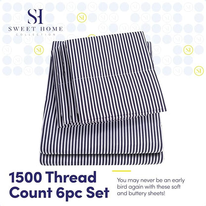 King Size Bed Sheets - 6 Piece 1500 Supreme Collection Fine Brushed Microfiber Deep Pocket King Sheet Set Bedding - 2 Extra Pillow Cases, Great Value, King, Classic Stripe Navy