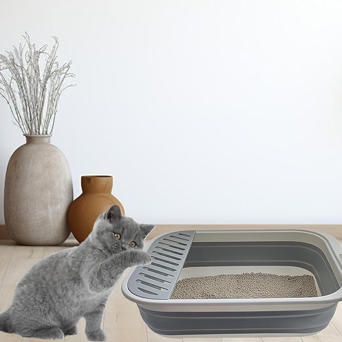 Senior Cat Litter Boxes, Collapsible Open Low Entry Cat Litter Pan with Scoop Travel Kitten Potty Foldable Pet Toilet for Sick Disabled Older Elderly Cats Grey 20.9x15.7x5.7 inch-Mewly Pet