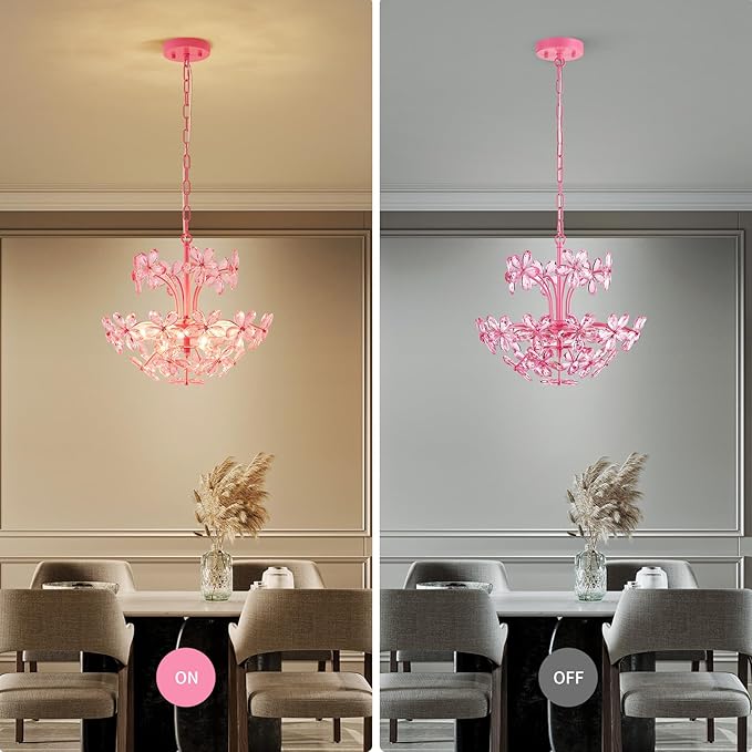 WUZUPS Crystal Chandelier Pendant Flushmount Ceiling Light Modern Lighting Fixture for Bedroom Hallway Bar Kitchen Bathroom, H 15.7" x W 17.7", Pink, E12 Base